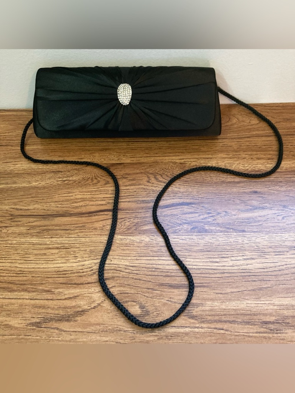 Simple, Dressy Black Rounded Purse with Silver Rhinestones Accent
